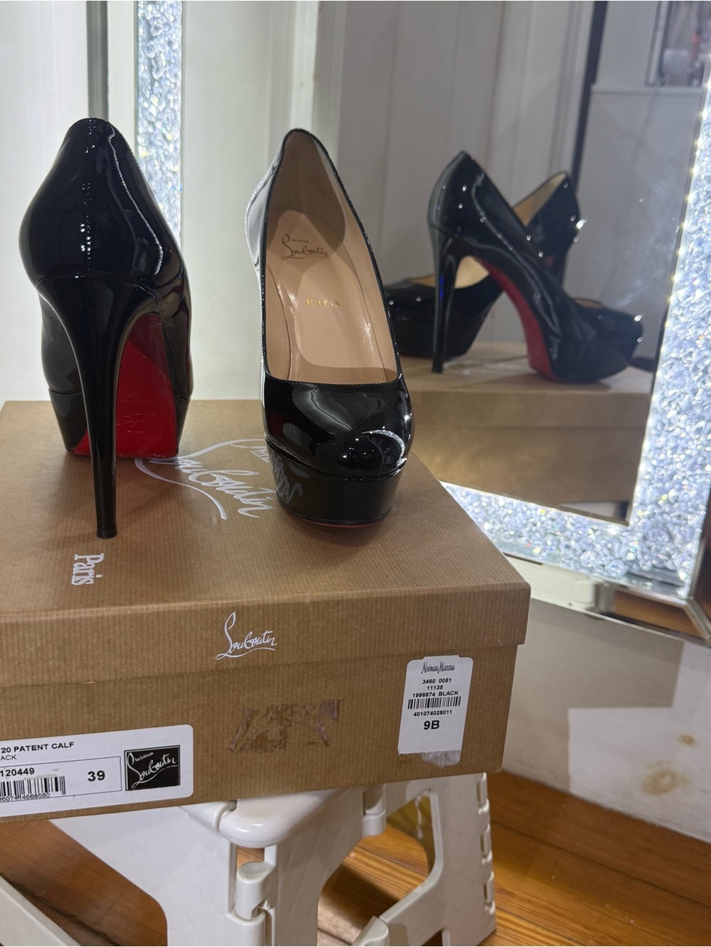 Christian Louboutin Black Patent Leather Platform Peep-Toe Pumps with Red Soles
